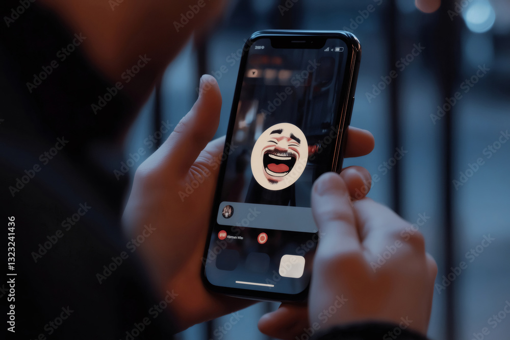 Poster close up of hands holding a smartphone, adding a laughing emoji to a photo in a messaging app, captu