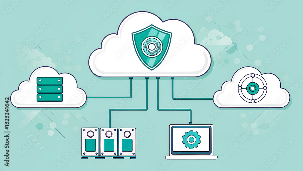 Poster a digital illustration depicting cloud computing with a focus on data security, featuring servers, a
