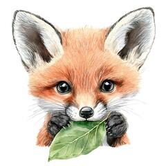 Fototapeta premium Adorable Red Fox Kit Holding a Leaf Watercolor Illustration of a Wildlife Animal.