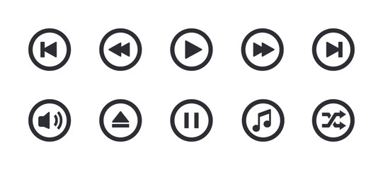 Set of Play Music Control Solid Icons. Pause, Rewind, Forward, Stop. Pixel Perfect.