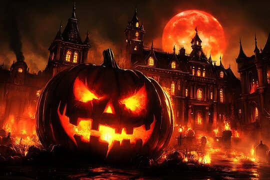 A glowing jack o lantern towers over haunted buildings at night