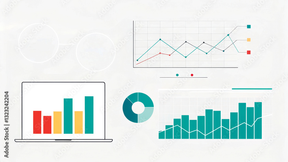 Poster the image features various colorful data visualizations, including bar graphs, line charts, and pie 