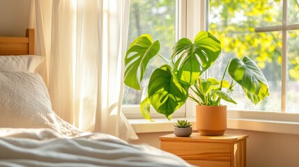 A cozy bedroom with a large potted monstera plant near a bright window, soft morning sunlight filtering through white curtains, wooden bedside table with a small succulent