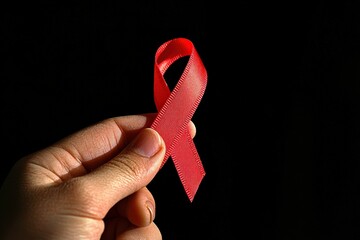 A human hand holds a red awareness ribbon against black