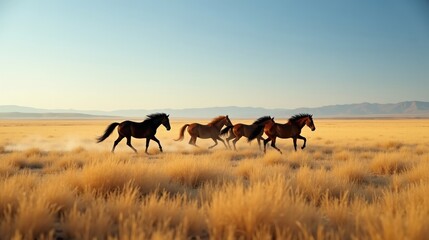 A vast steppe where wild horses gallop through tall golden grasses, dust rising under a brilliant blue sky, capturing the untamed spirit of nature and freedom.