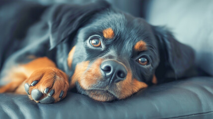 Fototapeta premium Playful dog resting on a couch looks curiously at the camera in a cozy home environment