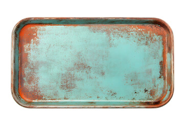 A rectangular vintage tray featuring a distressed turquoise finish with rust accents, ideal for decorative use or serving food.