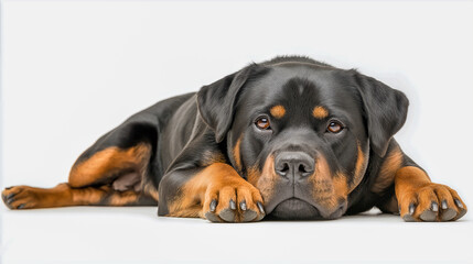 Fototapeta premium Rottweiler rests calmly indoors with a serene expression in natural light