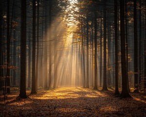 Obraz premium Radiant Beams Shine Through Forest Canopy in Autumn Landscape with Fallen Leaves Serenity