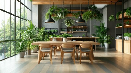 A large open-plan living area with a dedicated green corner, featuring hanging plants, ferns, and wooden textures