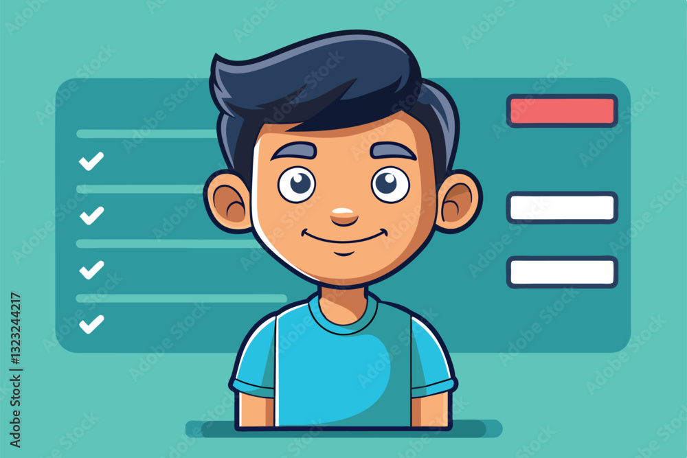 Poster a cheerful boy engages with swipe options on a colorful digital interface featuring various selectio
