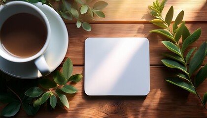 blank square coaster on a rustic wooden table with a white coffee cup and greenery under soft natural light ideal for branding and promotional product displays