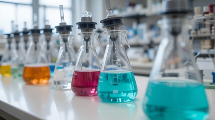 Magnetic stirrers with beakers in the chemistry laboratory.