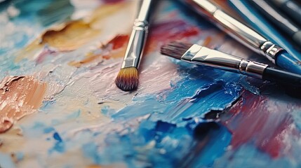 Obraz premium A close-up of watercolor paints blending on a palette, with brushes nearby digital