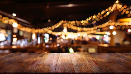 blur bokeh reflection light on table in pub or bar club and restaurant christmas party and celebrate at dark night for display product in brown tone background