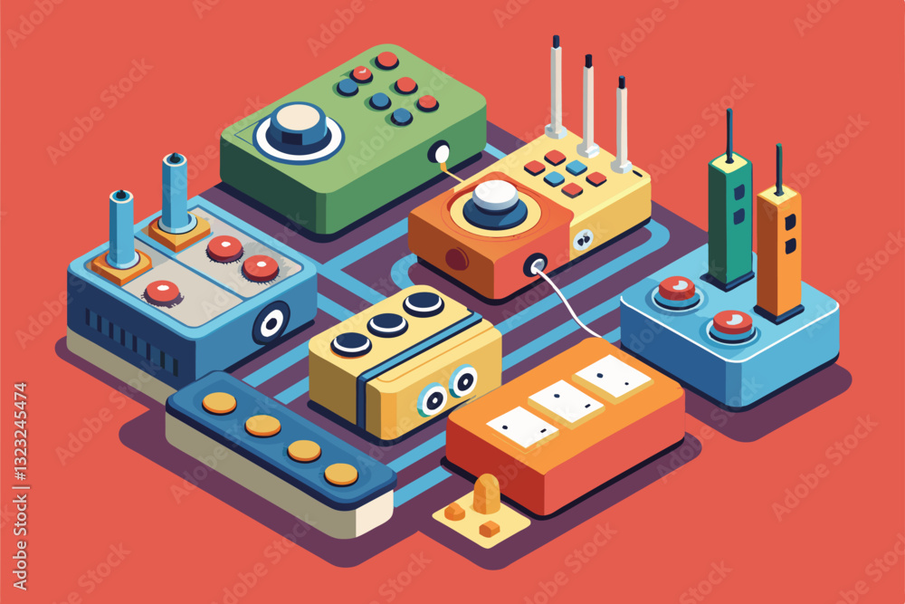 Aufkleber a variety of uniquely designed switches and controllers are arranged creatively on a colorful backgr
