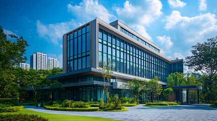 a modern office building with large windows, surrounded by trees under blue sky.