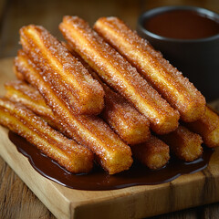 Fototapeta premium Crispy churros dusted with cinnamon sugar served with a rich chocolate dipping sauce