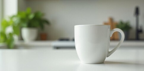 Obraz premium Clean white mug on smooth surface, blurred backdrop, bright, backdrop