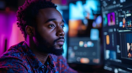 a person working on computer, looking concentrated.