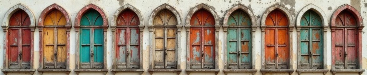 Collection of weathered arched wooden windows Diverse shapes & patina , antique, chic