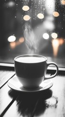 Fototapeta premium Warm Coffee Cup on Rainy Day Window Sill Steam Rising Black and White Still Life Photo