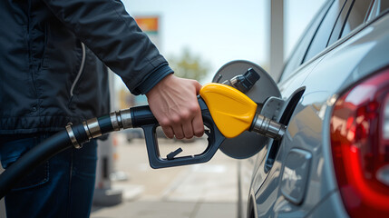 Person Refueling Car at Gas Station with Yellow Fuel Pump Nozzle in Close Up View During Daytime