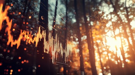 Financial graph overlaid on autumn forest background, symbolizing environmental investments or sustainability.