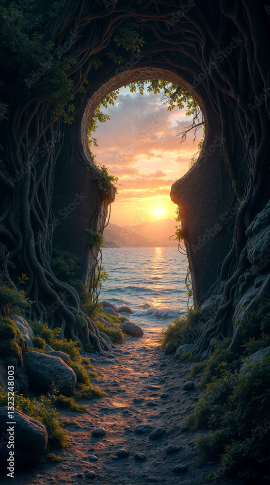 Poster view from a dark cave to the mysterious azure sea coast . generative ai