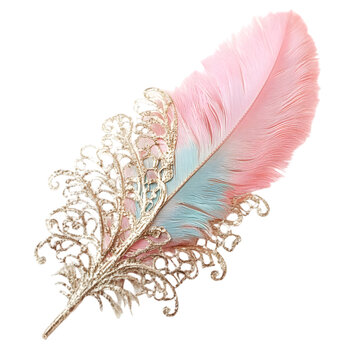 A delicate, pastel pink and blue feather adorned with intricate gold lace, showcasing elegance and beauty in design.
