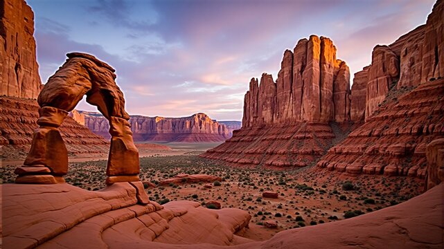 Sunset over a desert landscape with a natural arch in the foreground and rock formations in the background. - Powered by Adobe