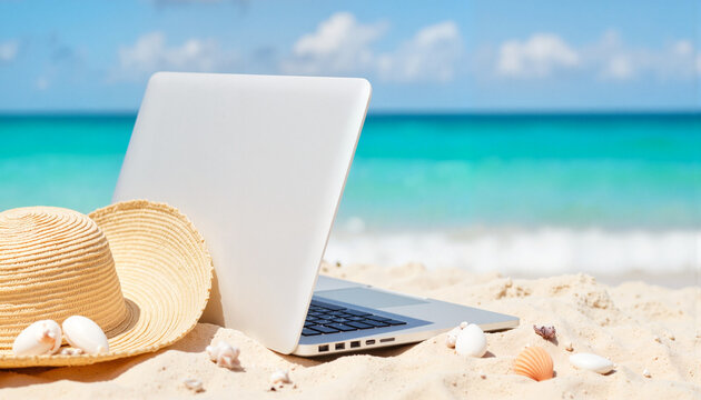 Compact white laptop on sandy beach with seashells, vacation vibe