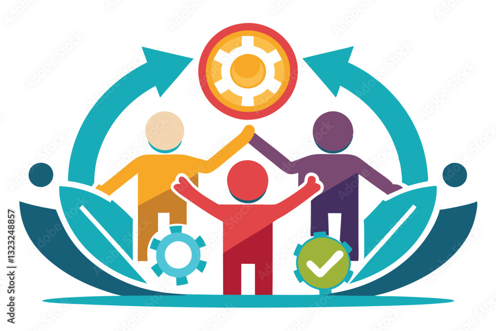 Poster three colorful figures join hands to represent teamwork and collaboration in a supportive environmen
