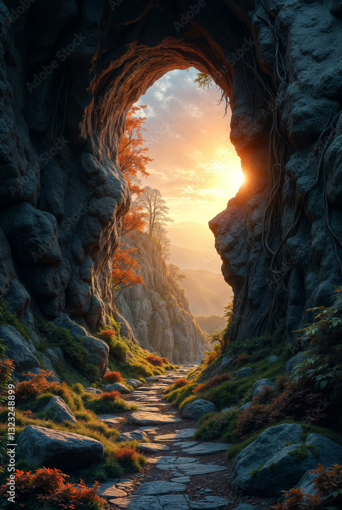 Poster view from a dark cave to the mysterious azure sea coast . generative ai