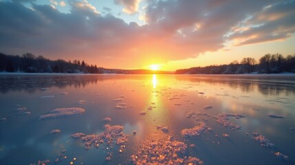 A winter sunrise over a frozen lake, its icy surface shimmering with fresh frost. Gentle hues of pink and orange reflect off the snow-covered landscape in the crisp air.