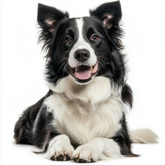 Fototapeta premium Charismatic typical black and white young adult Border Collie dog, laying down side ways. Looking straight to camera with mouth open smiling. Isolated cutout on a transparent background 
