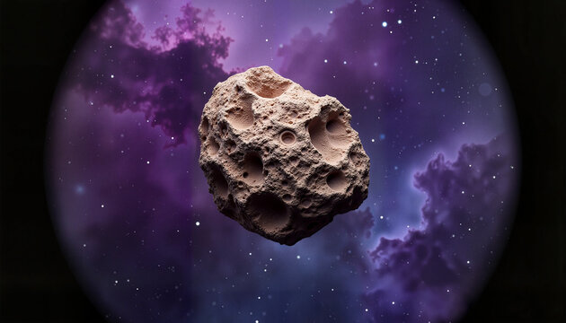 Close-up of a jagged asteroid against swirling nebula, cosmic exploration