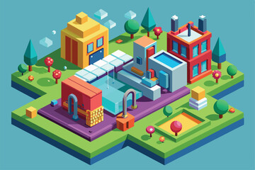 A vibrant isometric landscape showcases various buildings, pools, and trees, highlighting customizable architecture, Sync Customizable Isometric Illustration