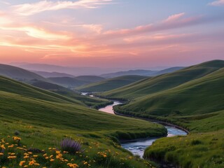 Obraz premium Serene Sunset Over Rolling Green Hills and Winding River
