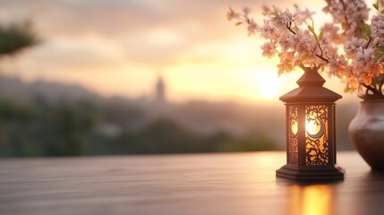 Sunset serenity lantern, blossoms, peaceful scene