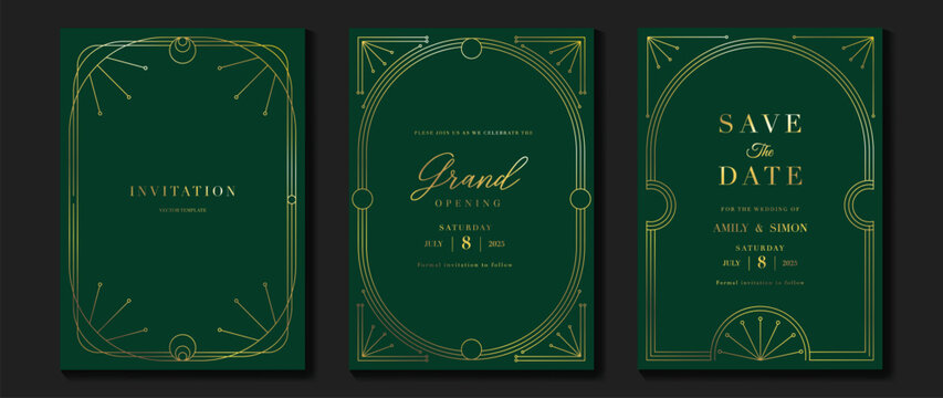 Luxury invitation card background vector. Elegant classic antique design, gold lines gradient on green background. Premium design illustration for gala card, grand opening, art deco.