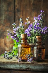 Aromatic Essential Oil Bottles with Fresh Lavender Flowers on Rustic Wooden Background Close Up Detail