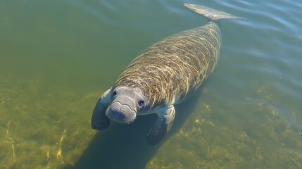 Naklejka premium A manatee swims in clear, shallow water. Ideal for marine life, conservation, or Florida tourism projects.