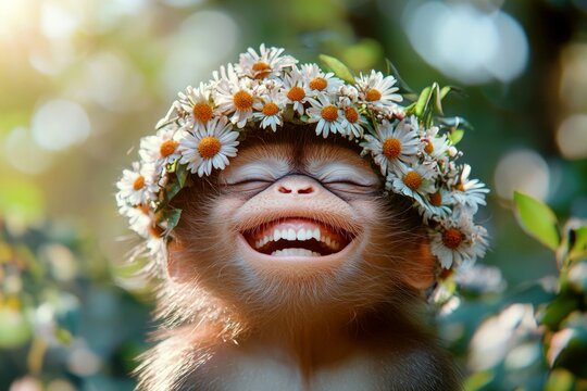 Summer happiness. Cute baby animal hanuman langur wearing free flower wreath on its head. Sunny daylight. Animal resting in a flower field. Animal surrounded by flowers. Sun-kissed wild anima.