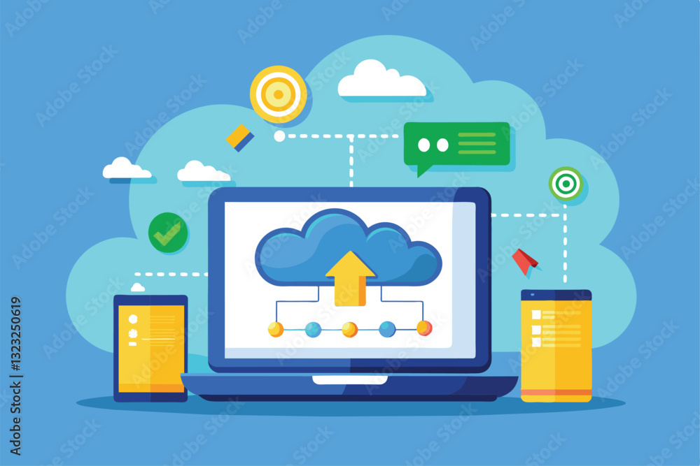 Poster data is being synchronized across multiple devices using cloud technology, showcasing connections an