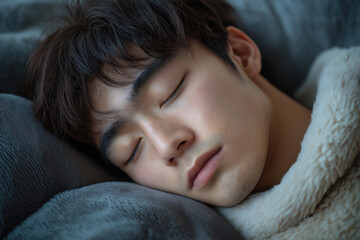 Handsome Asian man sleeping on gray sofa in cozy modern house enjoying quiet rest, relaxation. close-up. Insomnia, quiet time.