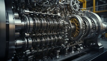 Fototapeta premium Complex Machine Engine Gearing and Mechanisms Detailed Industrial Close Up