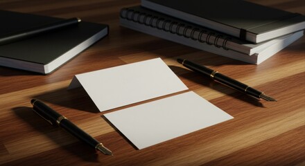 Elegant business cards mockup on a wooden desk.