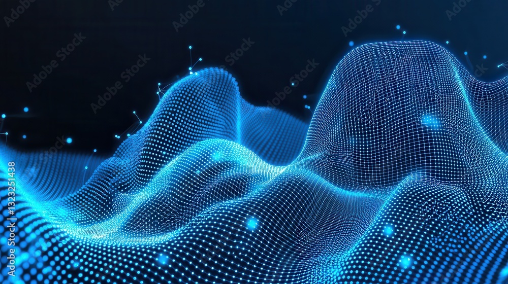 Poster a visually stunning digital landscape featuring a mesmerizing flow of luminous particles and futuris