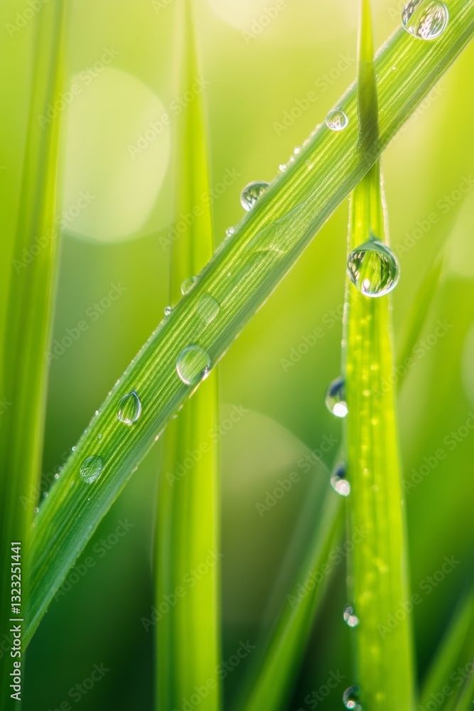 Poster close up detailed view of a single blade of grass with dew droplets dripping down in high definition